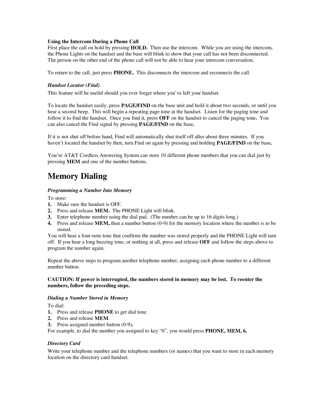 AT&T 5635 Using the Intercom During a Phone Call, Handset Locator Find, Programming a Number Into Memory, Directory Card 