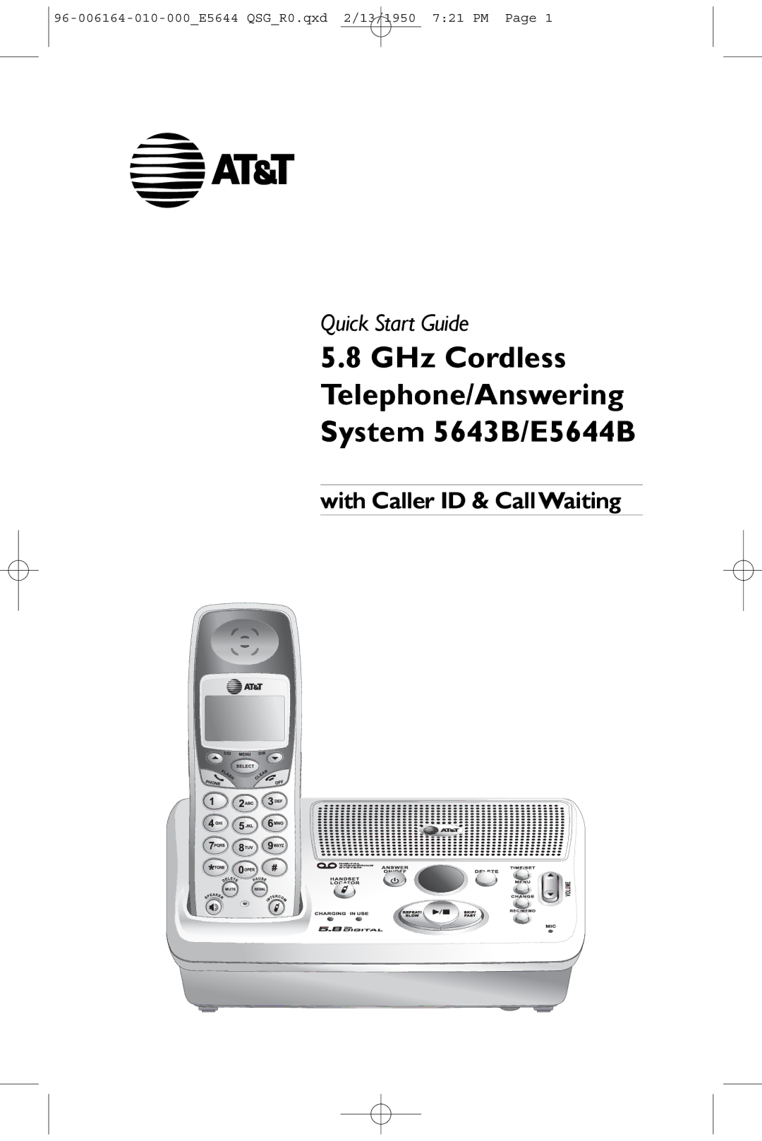 AT&T quick start GHz Cordless Telephone/Answering System 5643B/E5644B, With Caller ID & CallWaiting 