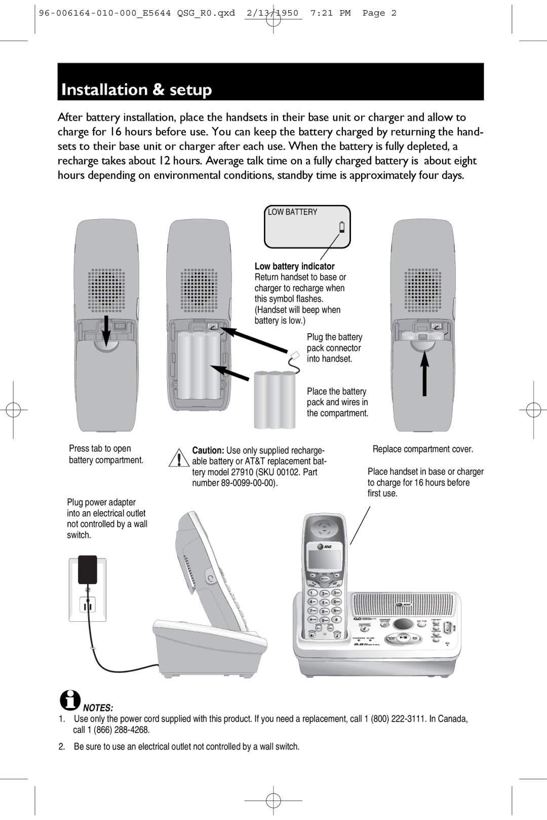 AT&T 5643B quick start Installation & setup, LOW Battery 