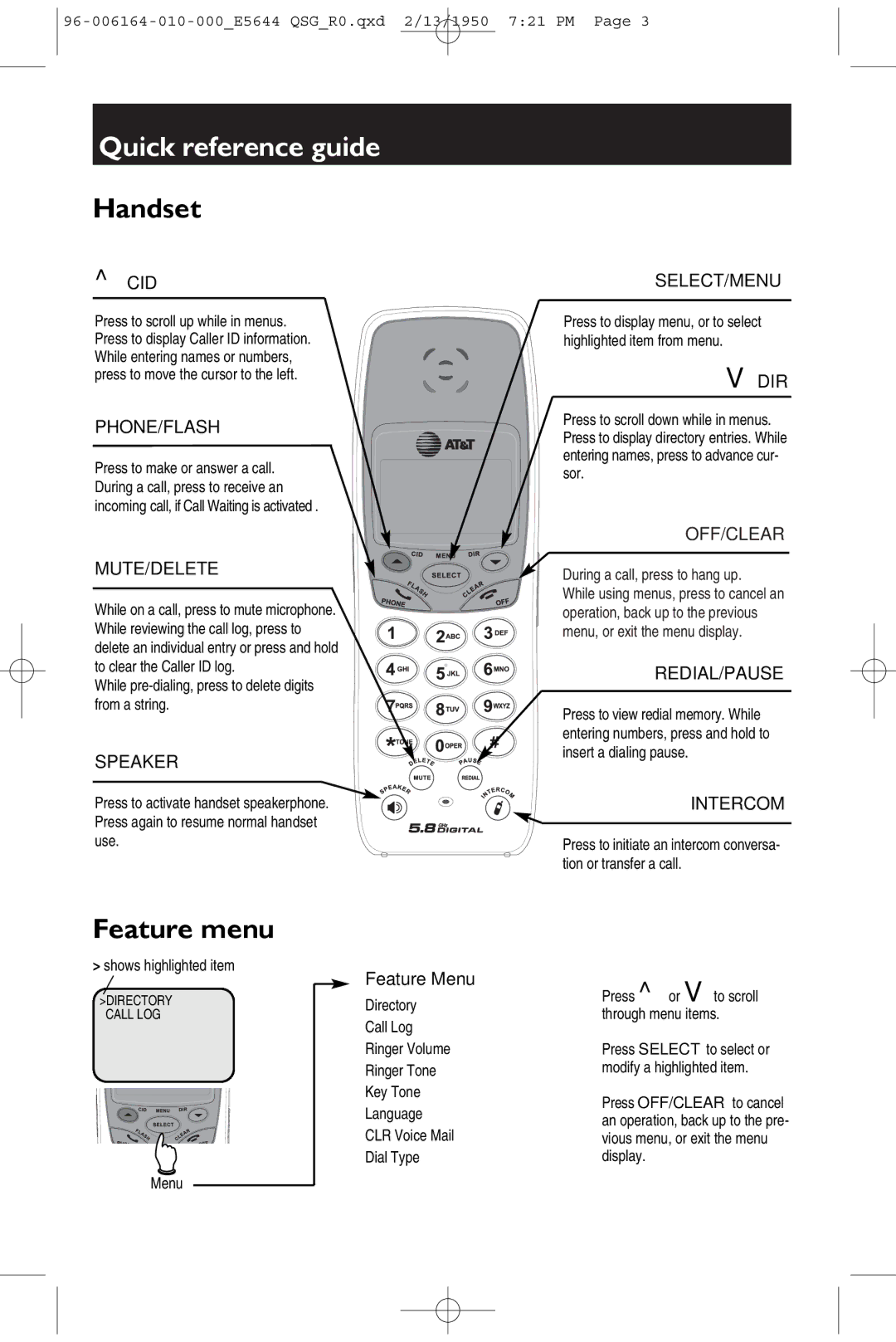 AT&T 5643B quick start Quick reference guide, Handset, Feature menu 