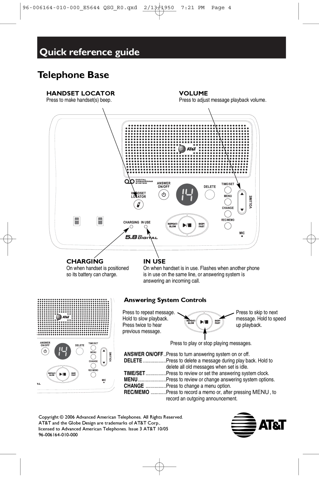 AT&T 5643B quick start Telephone Base, Charging USE 