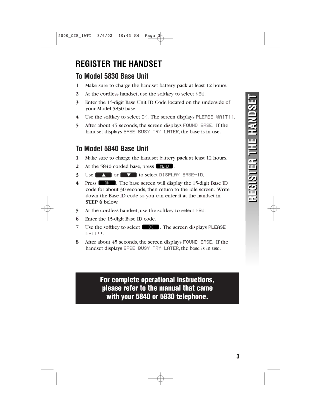 AT&T 5800 user manual Register the Handset, To Model 5830 Base Unit, To Model 5840 Base Unit 