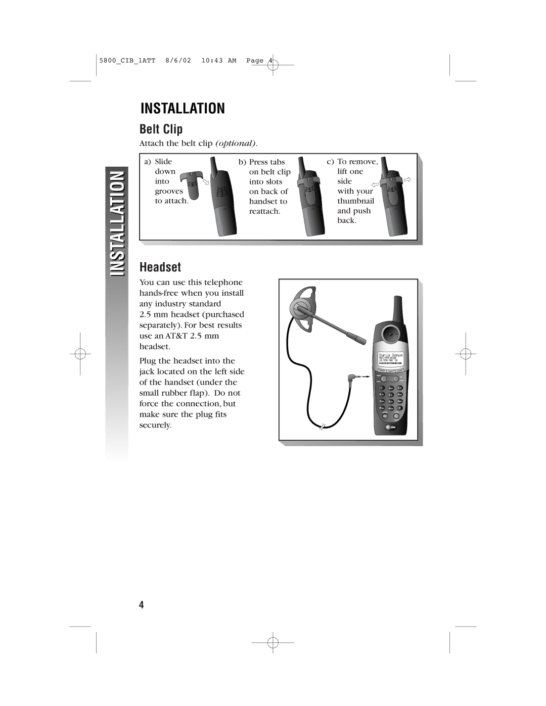 AT&T 5800 user manual Installation, Belt Clip, Headset 