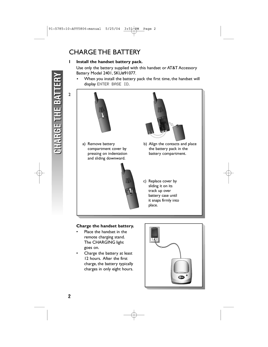 AT&T 5806 user manual Charge the Battery 