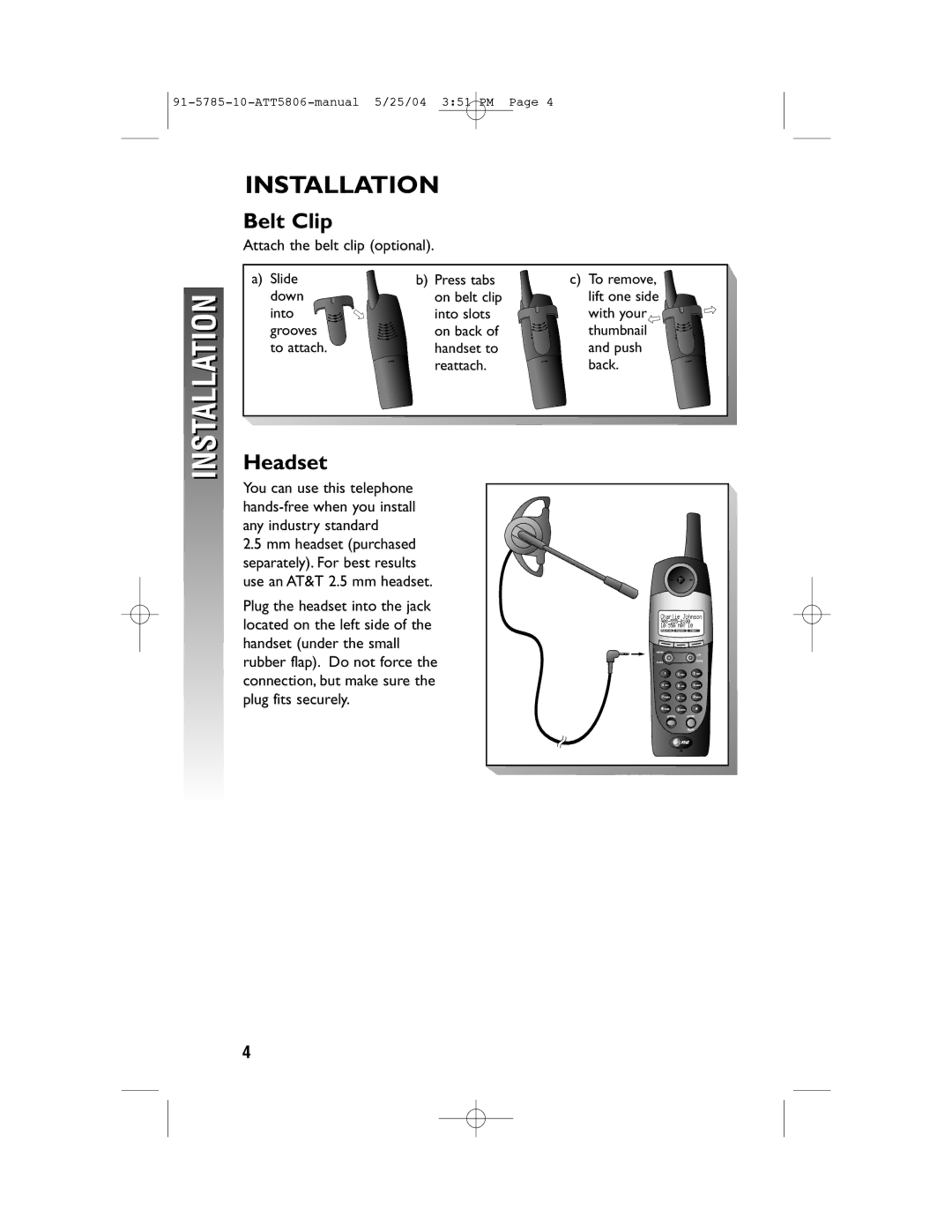 AT&T 5806 user manual Installation, Belt Clip, Headset 