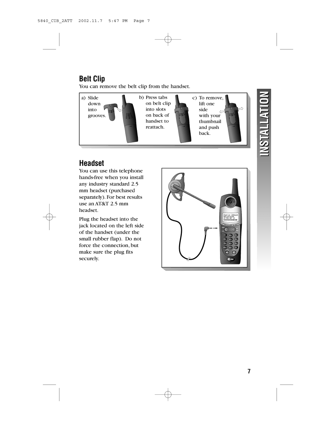 AT&T 5840 user manual Belt Clip, Headset 