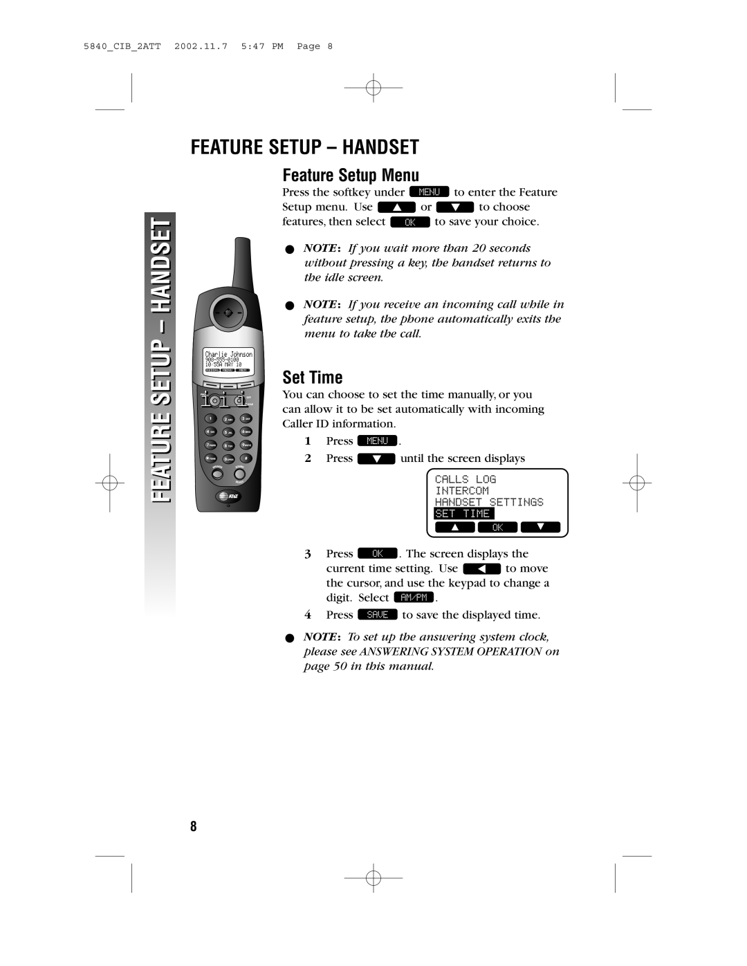 AT&T 5840 user manual Feature Setup Handset, Feature Setup Menu, Set Time 