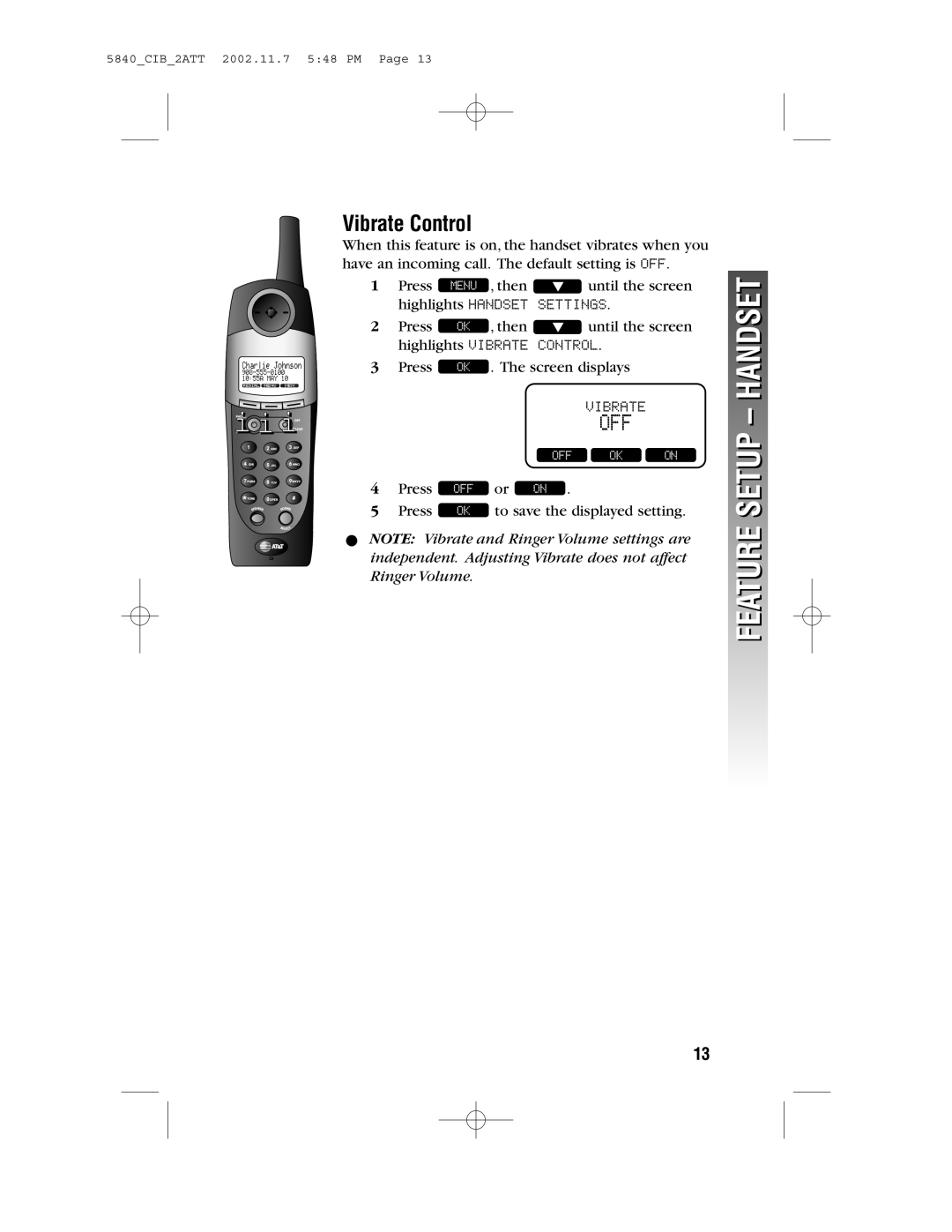 AT&T 5840 user manual Vibrate Control, Off 