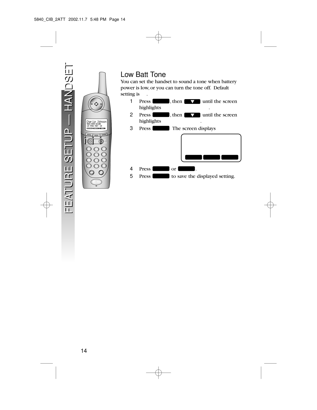 AT&T 5840 user manual Low Batt Tone, Highlights LOW Batt Tone 