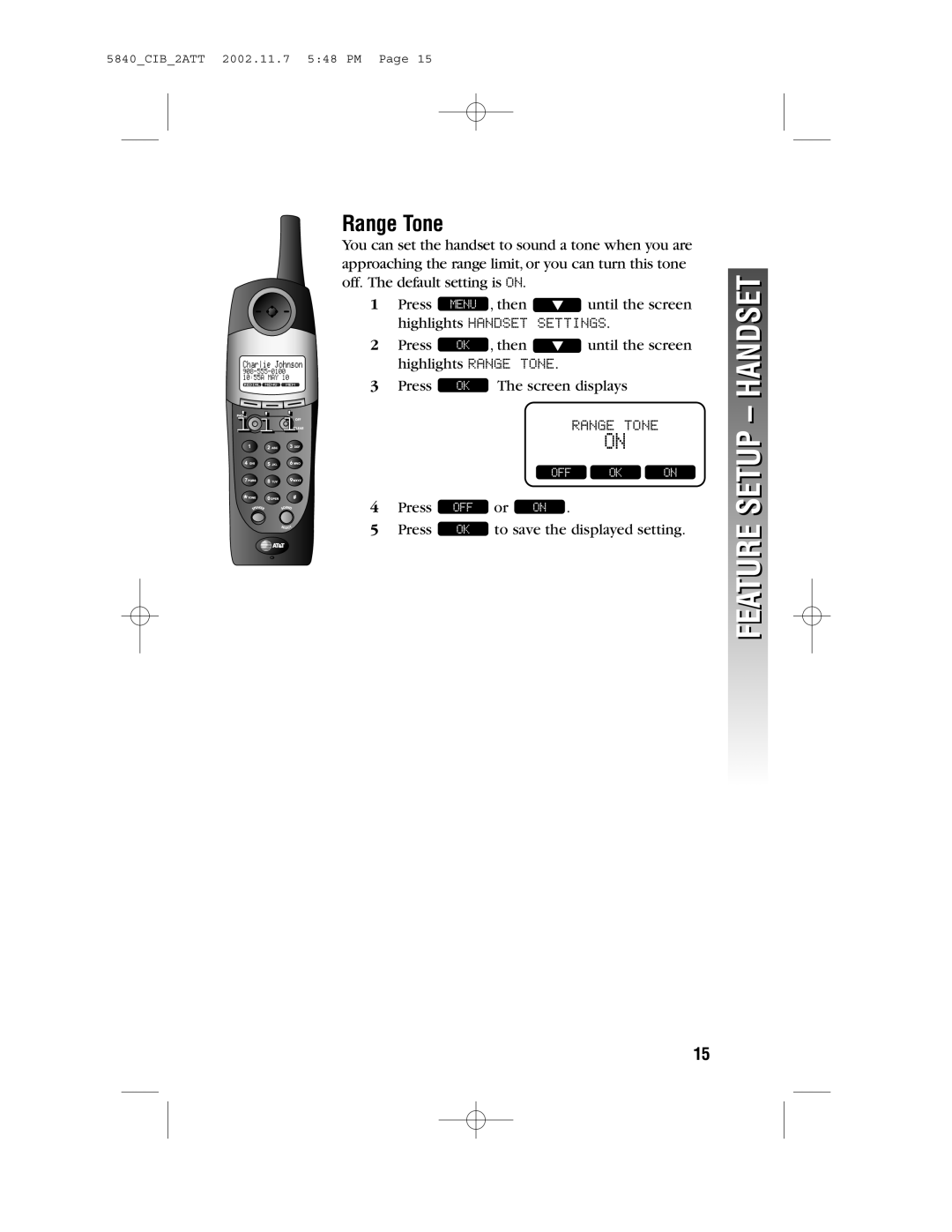 AT&T 5840 user manual Range Tone 