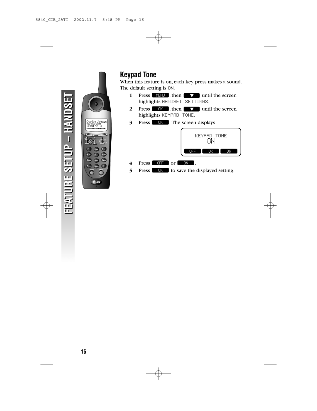 AT&T 5840 user manual Feature Setup Handset, Keypad Tone 