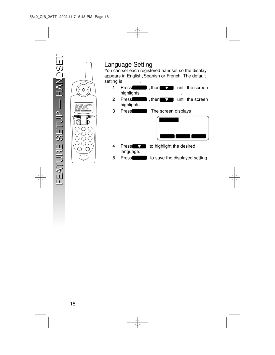 AT&T 5840 user manual Language Setting, English 