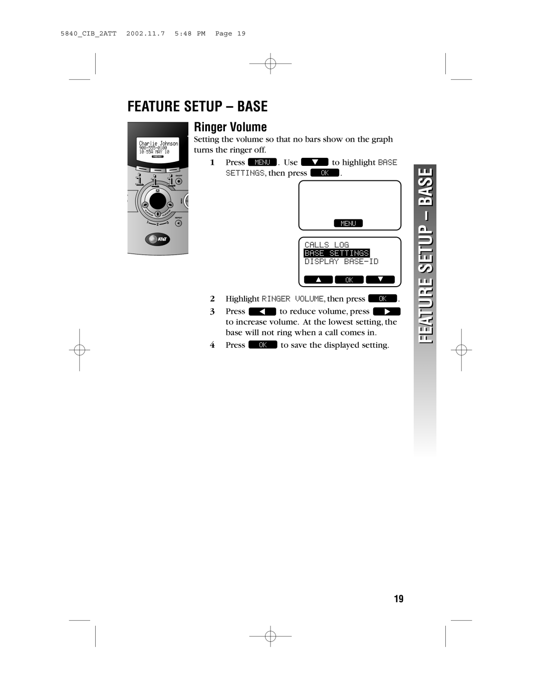 AT&T 5840 user manual Feature Setup Base 