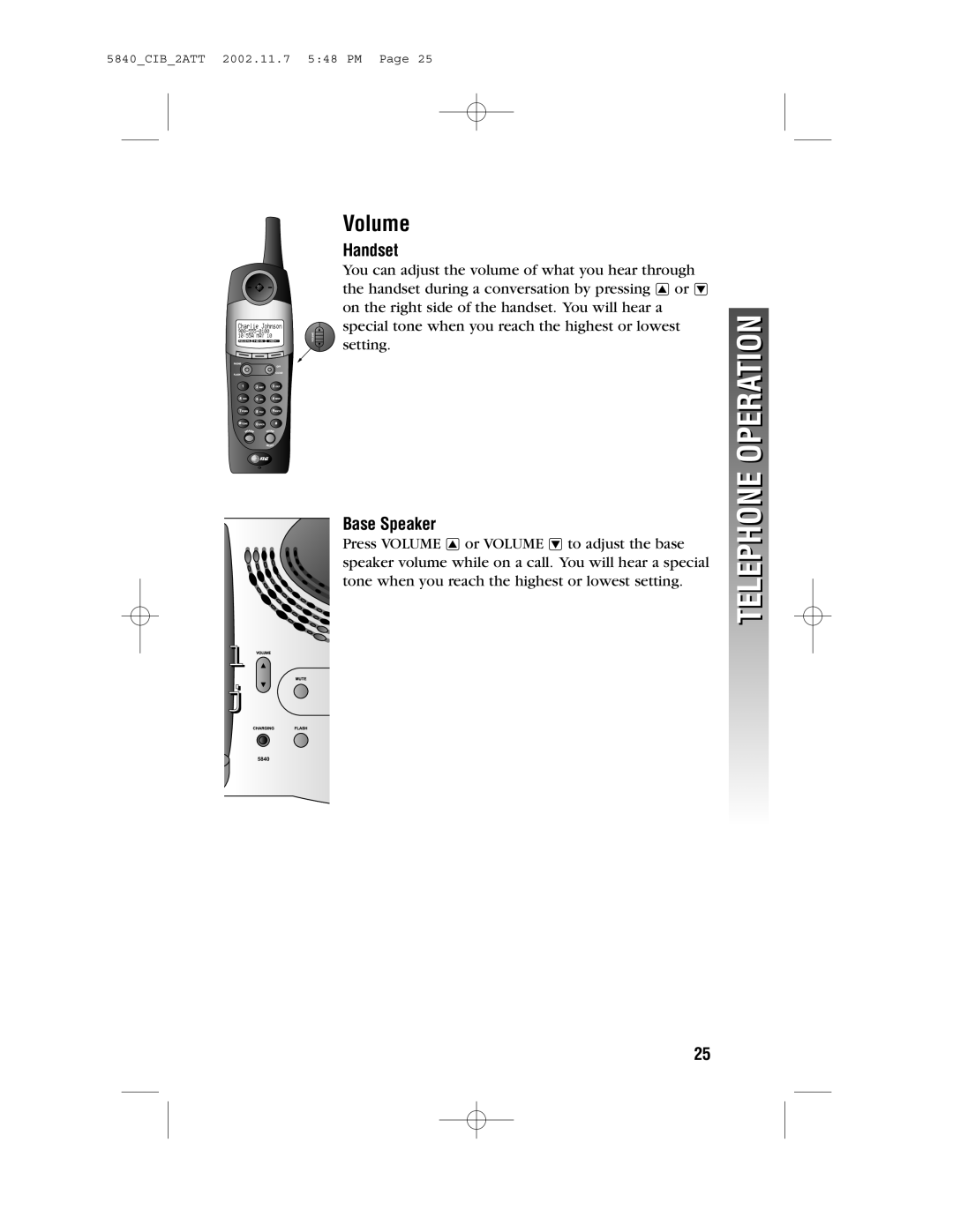 AT&T 5840 user manual Telephone Operation, Volume, Handset, Base Speaker 