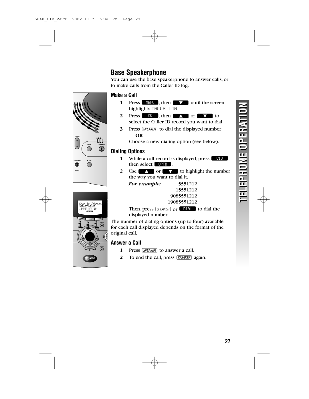 AT&T 5840 user manual Base Speakerphone, Dialing Options 