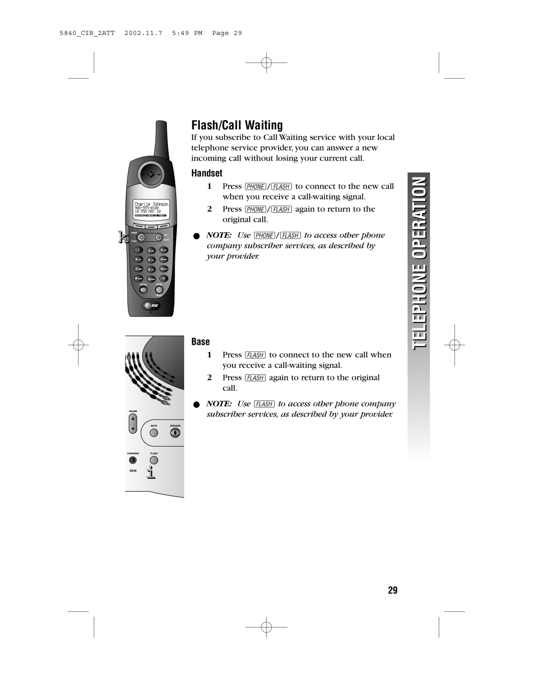 AT&T 5840 user manual Flash/Call Waiting, Base 