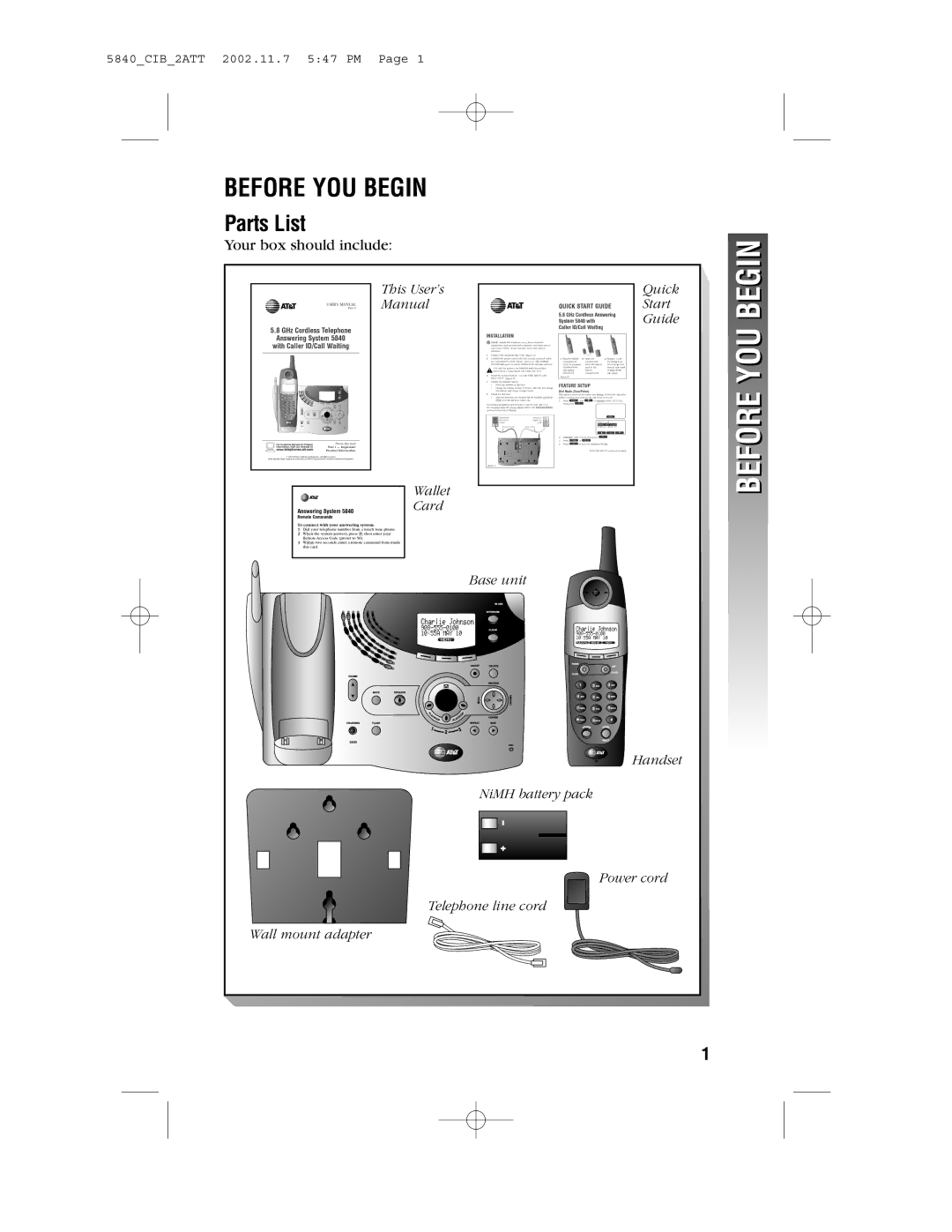 AT&T 5840 user manual Before YOU Begin, Parts List 