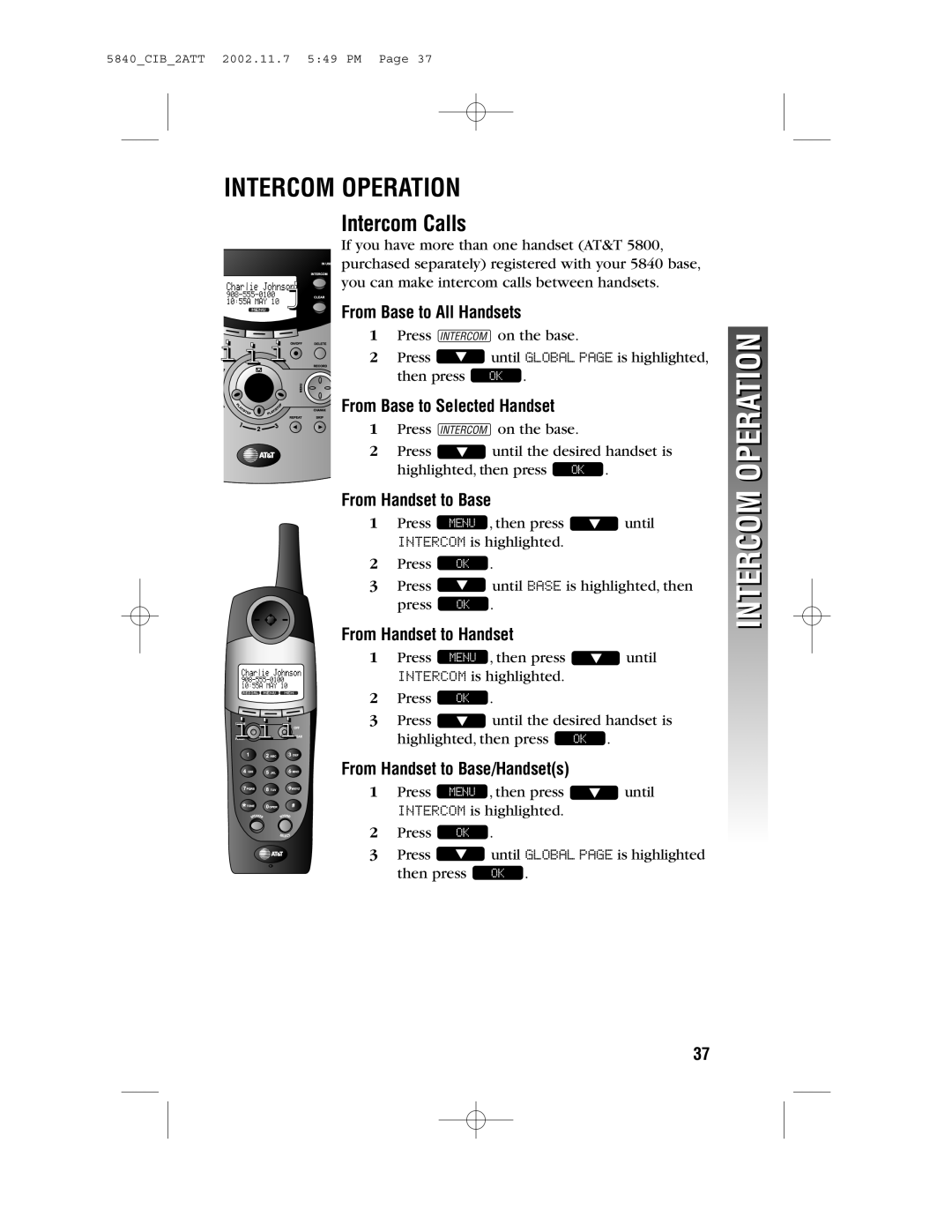 AT&T 5840 user manual Intercom Operation, Intercom Calls 