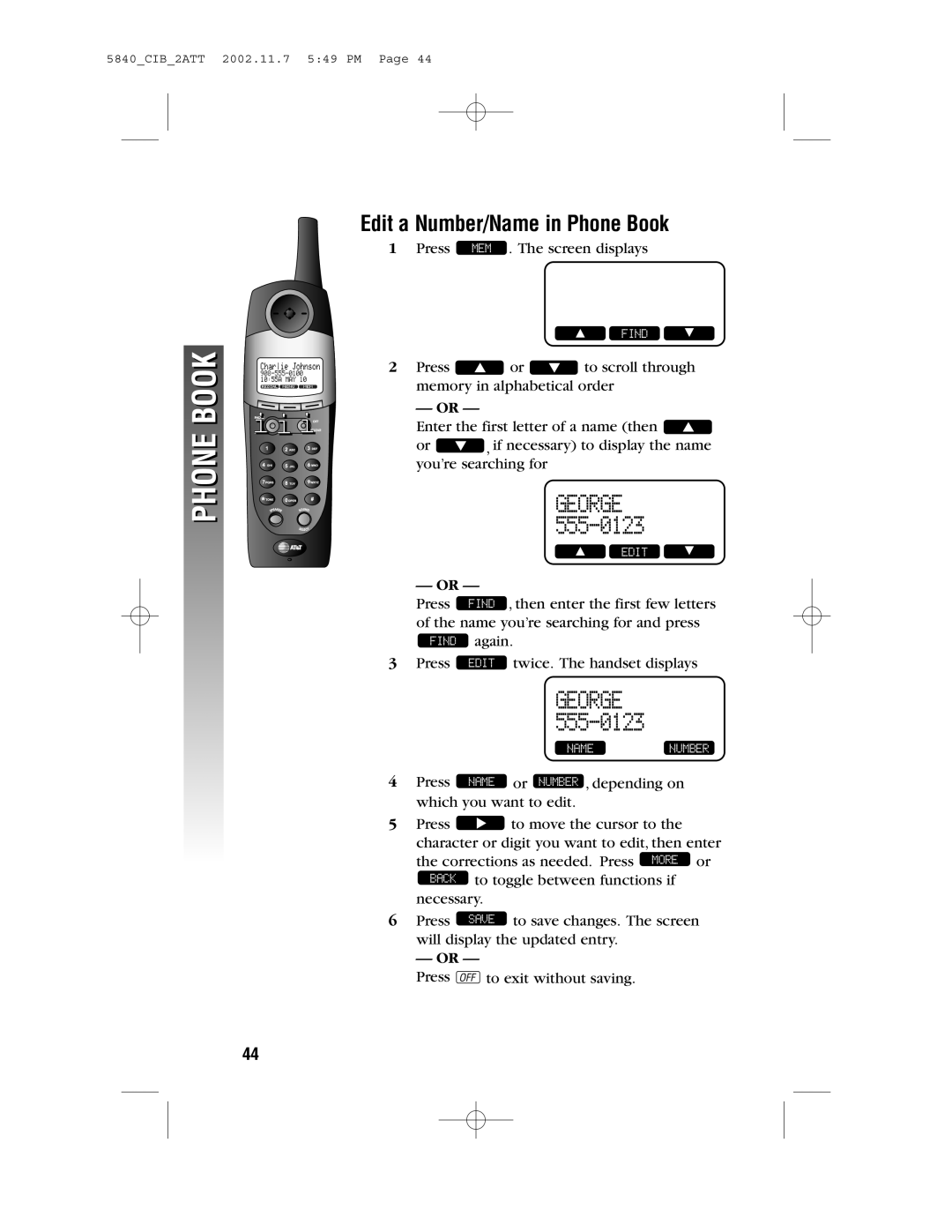 AT&T 5840 user manual George, Edit a Number/Name in Phone Book 