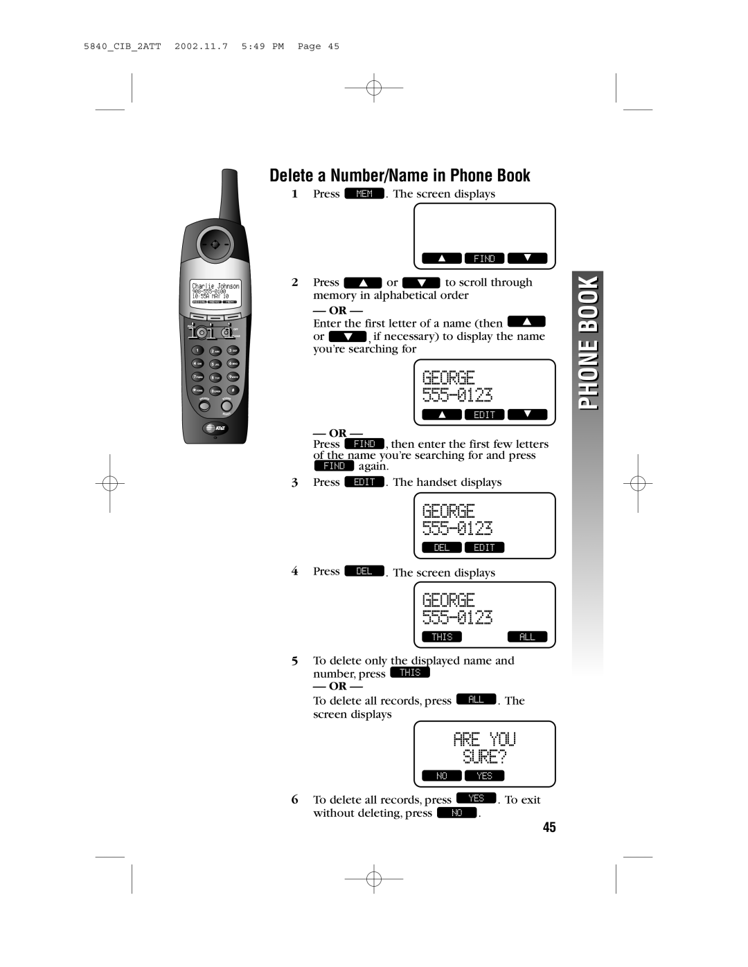 AT&T 5840 user manual Delete a Number/Name in Phone Book 