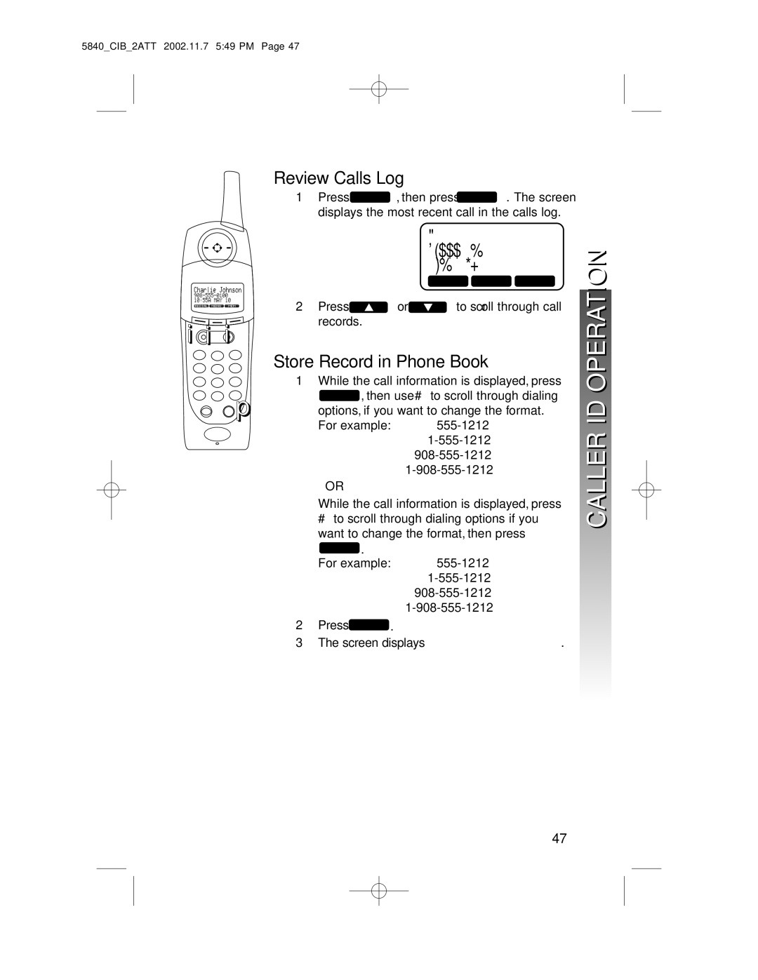 AT&T 5840 user manual Caller ID Operation, Review Calls Log, Store Record in Phone Book 