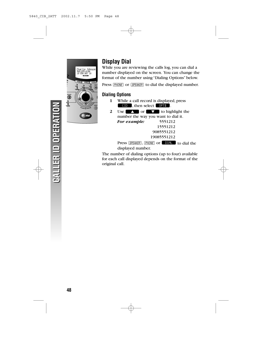 AT&T 5840 user manual Display Dial, Dialing Options 