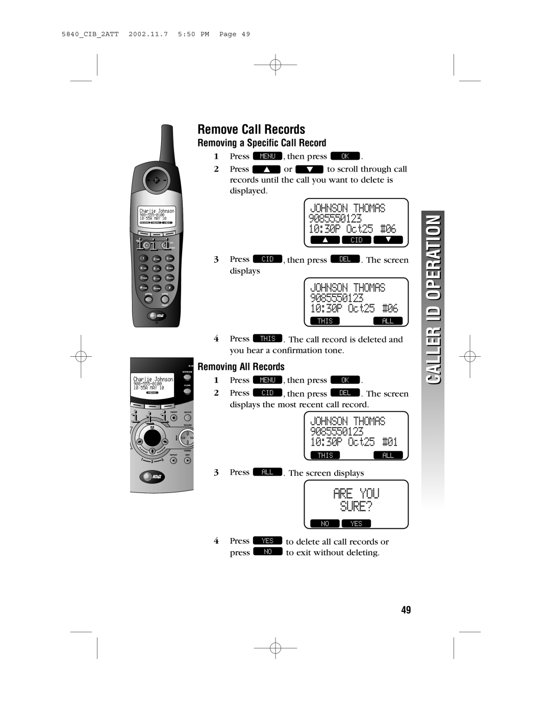 AT&T 5840 user manual Remove Call Records, Removing a Specific Call Record, Removing All Records 