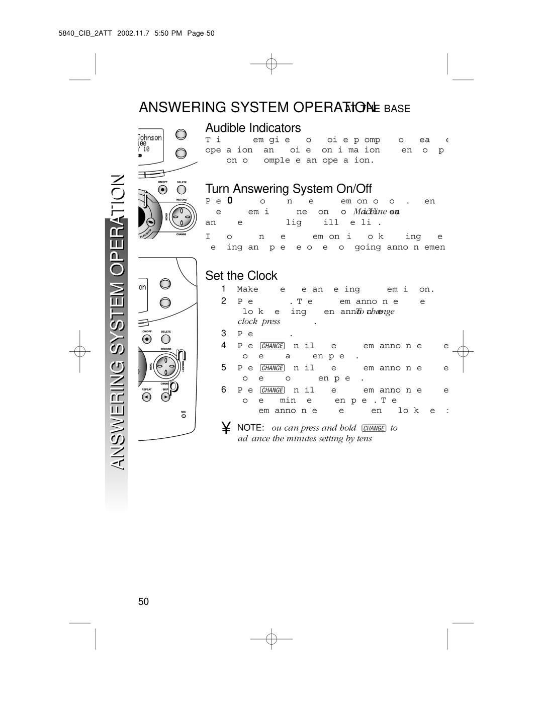 AT&T 5840 Answering System Operation AT the Base, Audible Indicators, Turn Answering System On/Off, Set the Clock 