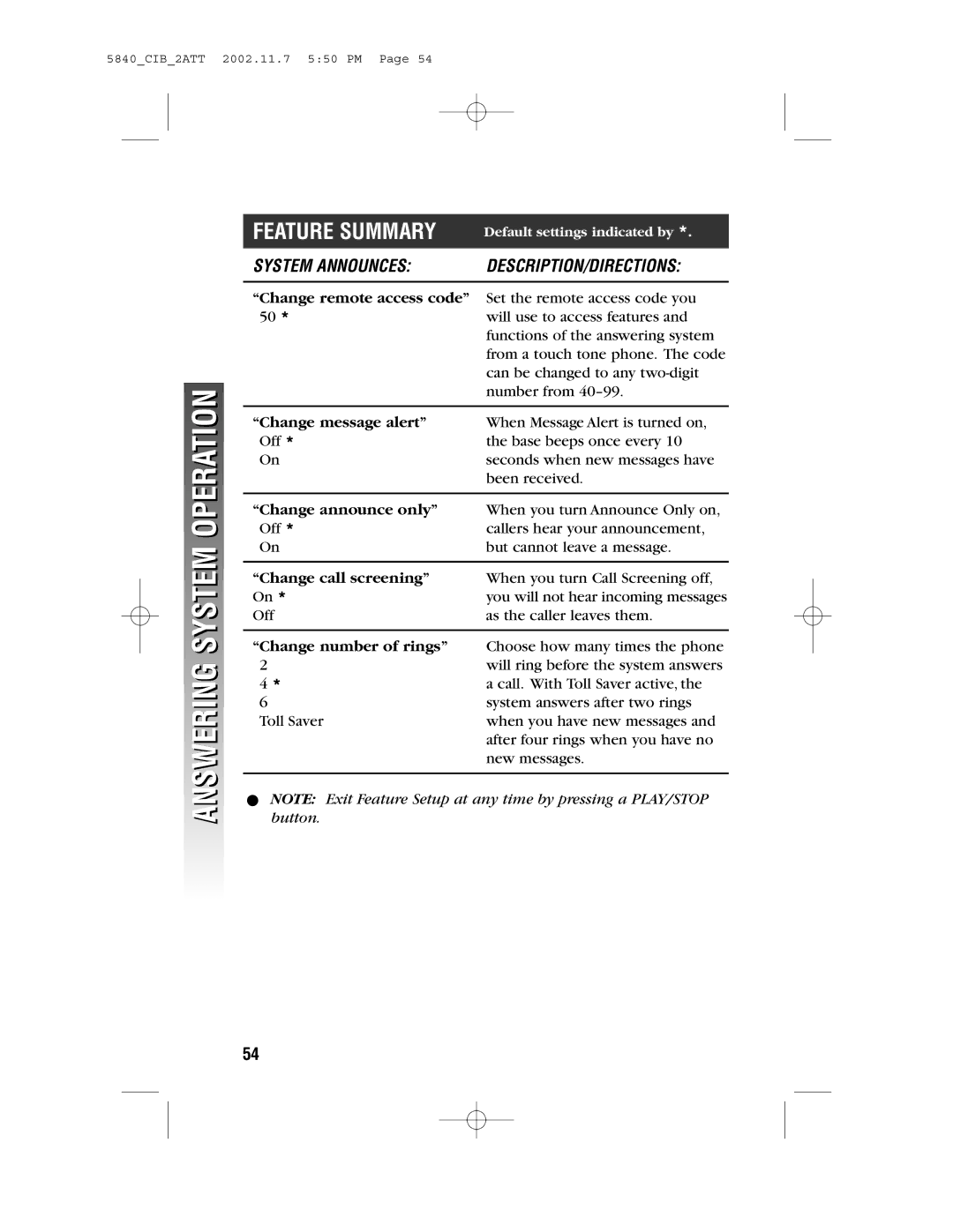 AT&T 5840 user manual Feature Summary, System Announces DESCRIPTION/DIRECTIONS 