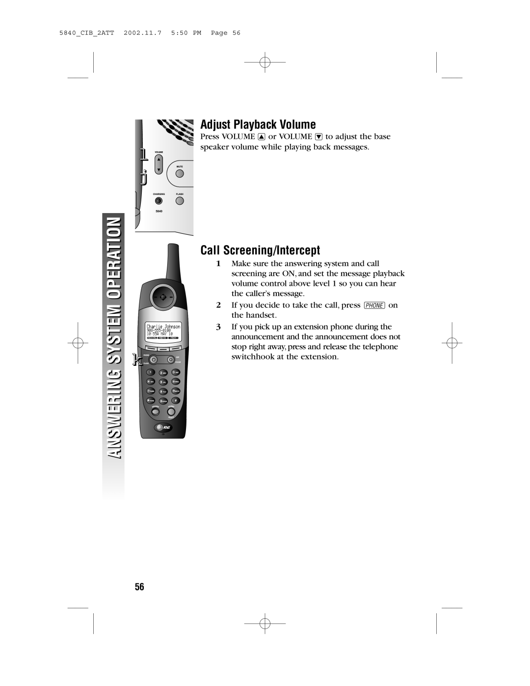 AT&T 5840 user manual Adjust Playback Volume, Call Screening/Intercept 