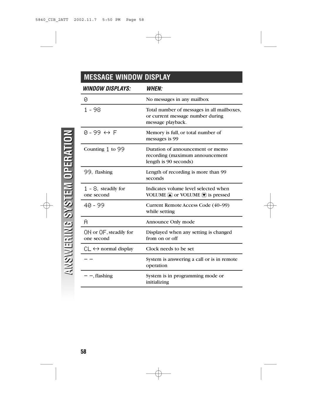 AT&T 5840 user manual Message Window Display, Window Displays When 