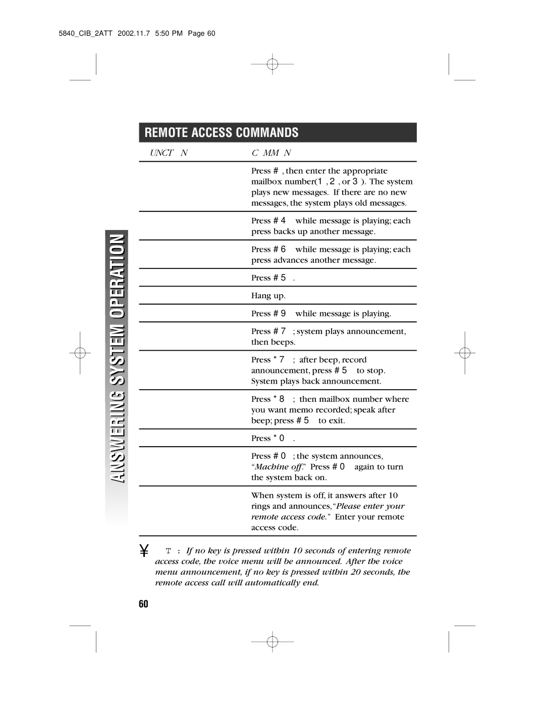 AT&T 5840 user manual Remote Access Commands, Function Command 