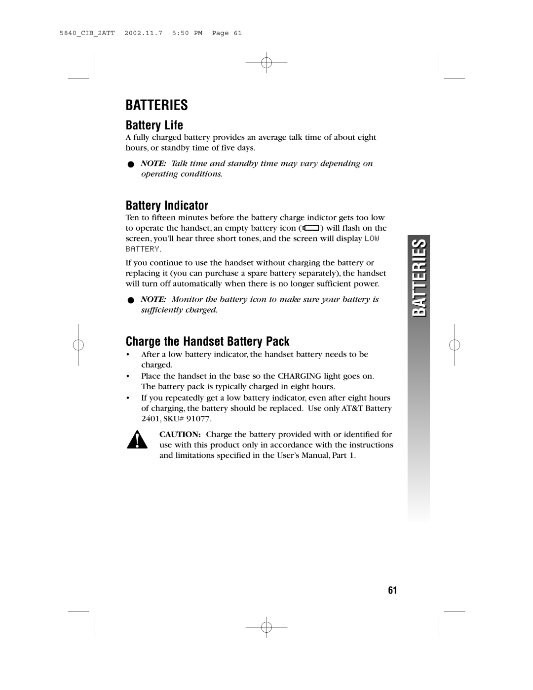 AT&T 5840 user manual Batteries, Battery Life, Battery Indicator, Charge the Handset Battery Pack 