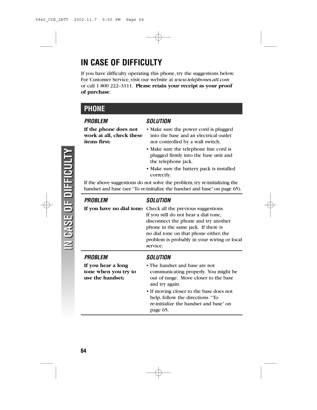 AT&T 5840 user manual Case of Difficulty, Phone 