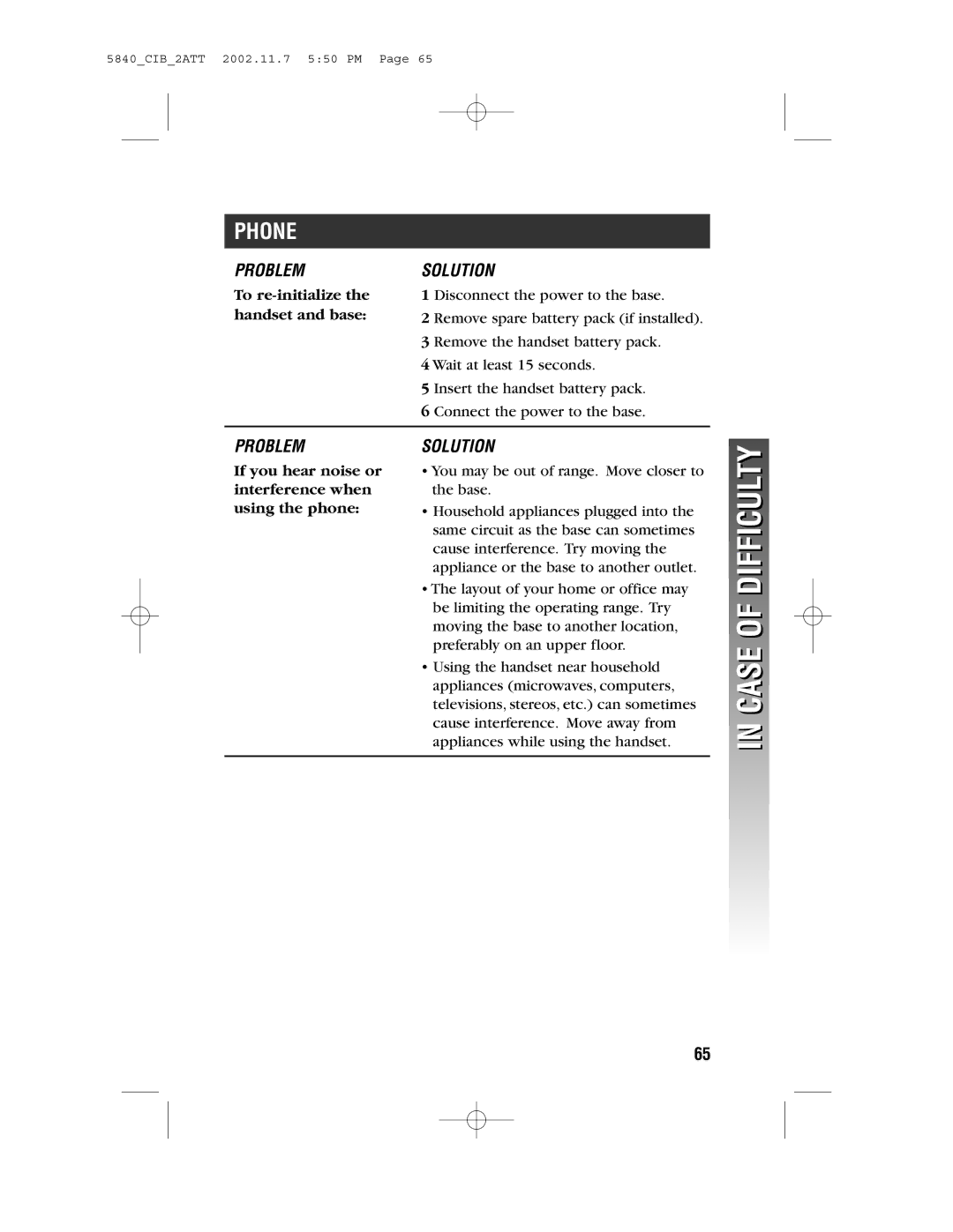 AT&T 5840 user manual To re-initialize the handset and base, If you hear noise or interference when using the phone 