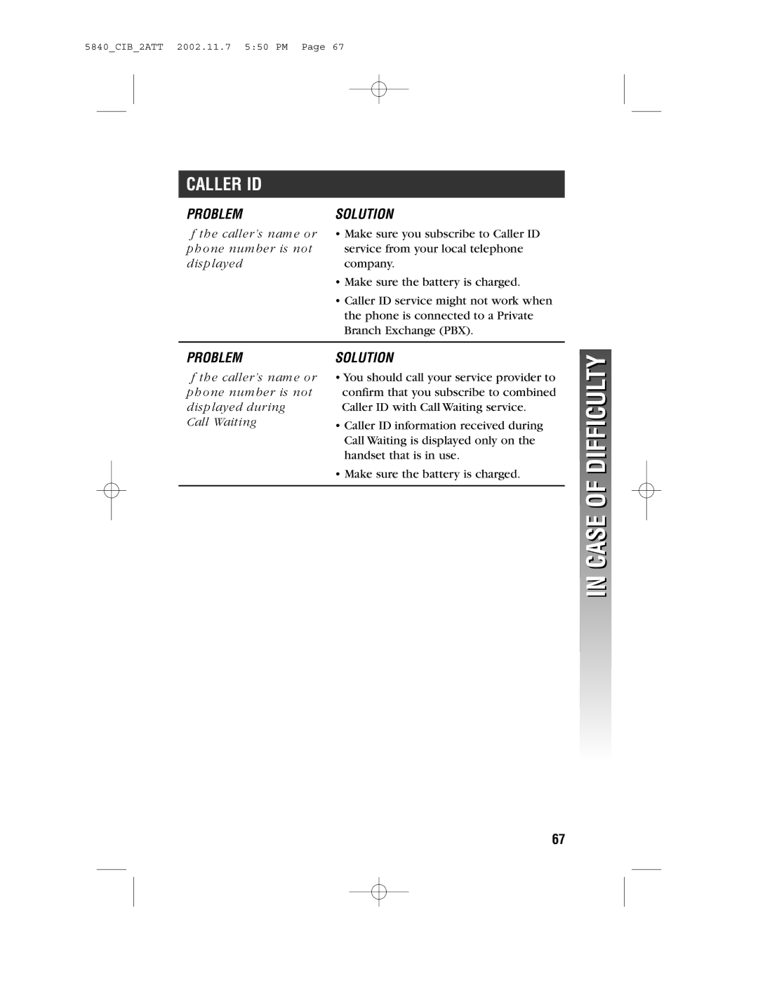 AT&T 5840 user manual Caller ID, If the caller’s name or phone number is not displayed 