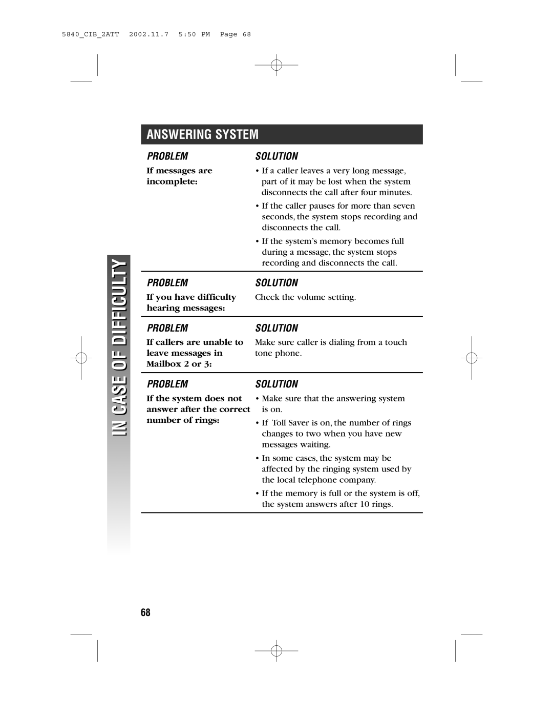 AT&T 5840 user manual Answering System, If messages are, Incomplete 