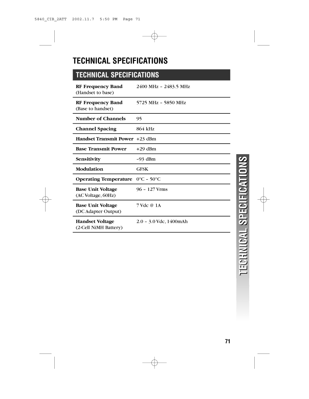 AT&T 5840 user manual Technical Specifications 