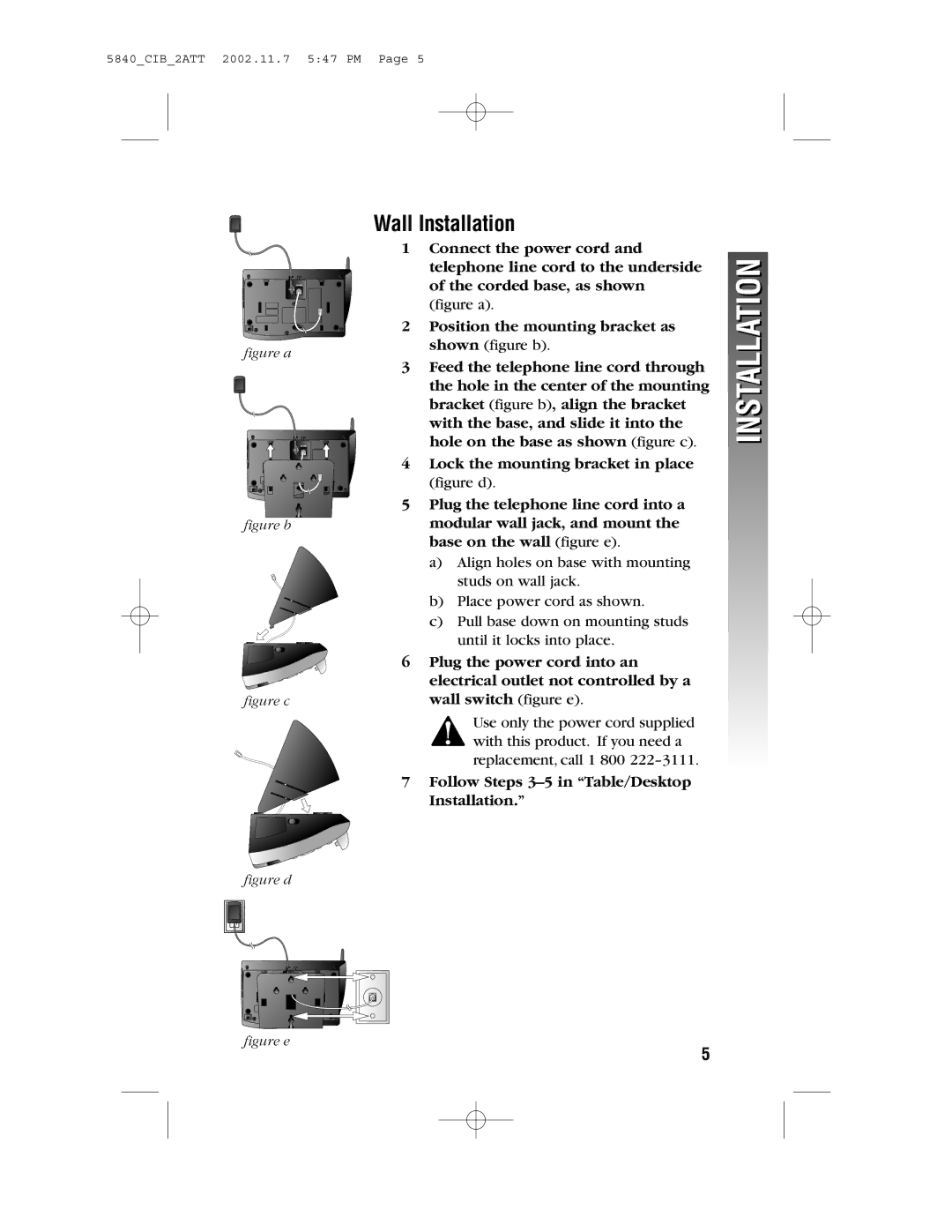 AT&T 5840 user manual Wall Installation, Follow Steps 3-5 in Table/Desktop Installation 