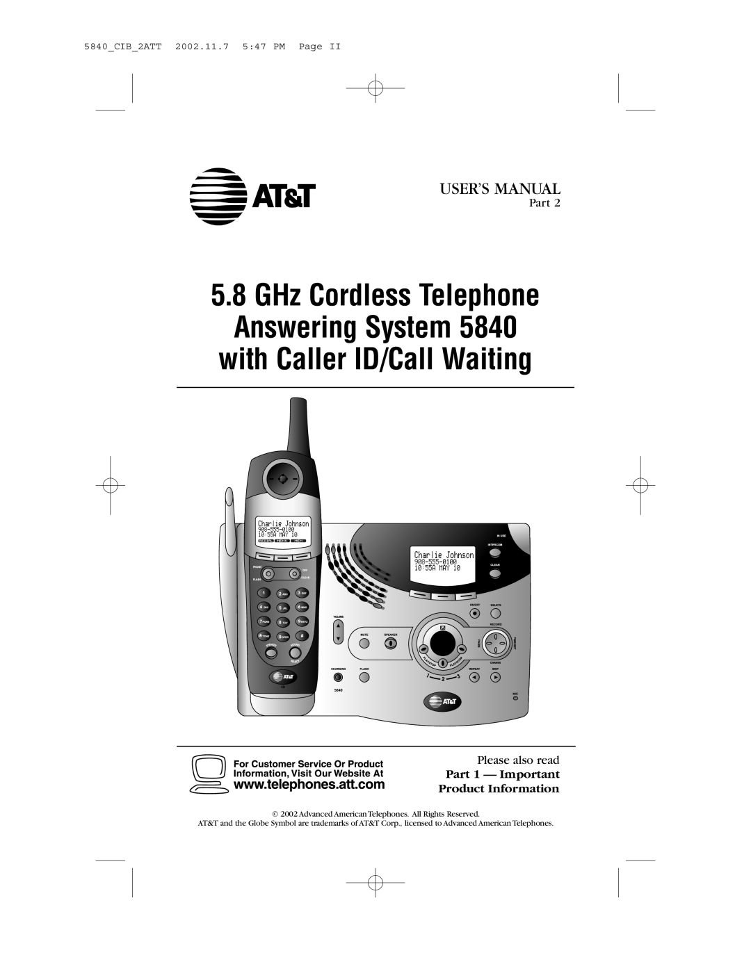 AT&T 5840 user manual User’S Manual, with Caller ID/Call Waiting, GHz Cordless Telephone Answering System 