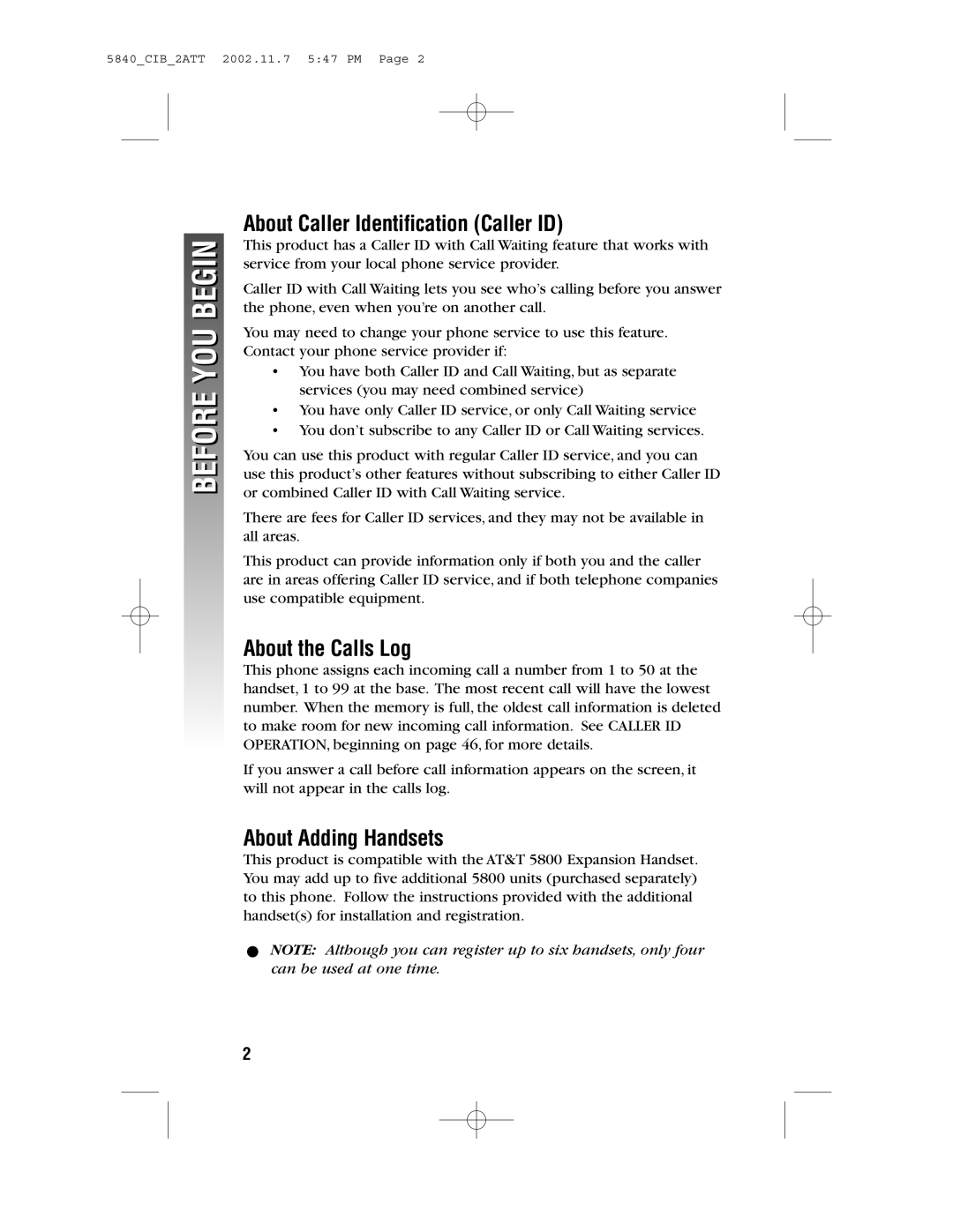 AT&T 5840 user manual About Caller Identification Caller ID, About the Calls Log, About Adding Handsets, Before You Begin 