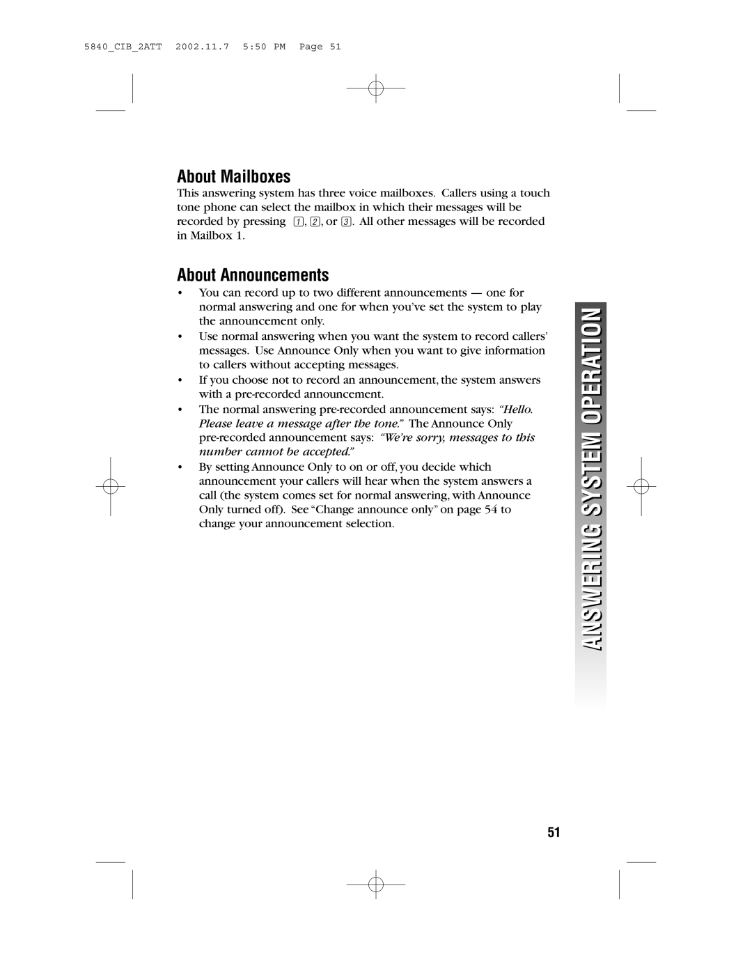AT&T 5840 user manual About Mailboxes, About Announcements, Answering System Operation 