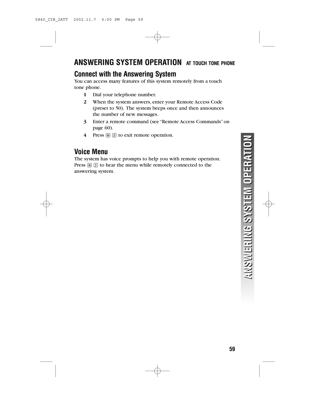AT&T 5840 user manual Connect with the Answering System, Voice Menu, Answering System Operation At Touch Tone Phone 