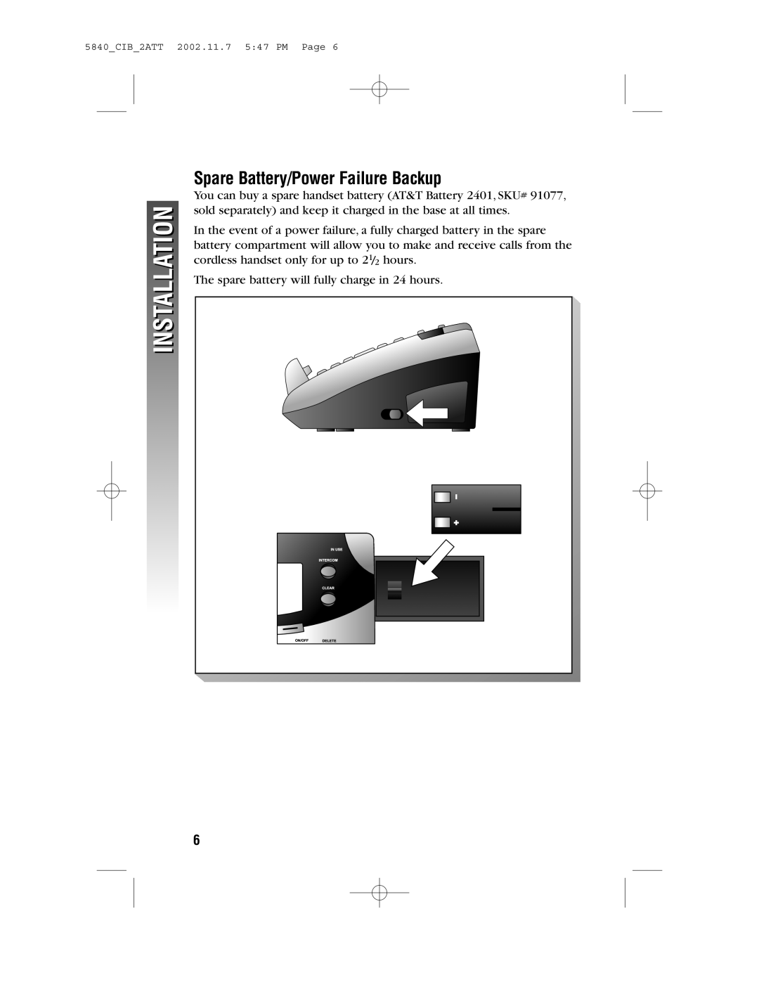 AT&T 5840 user manual Spare Battery/Power Failure Backup, Installation 