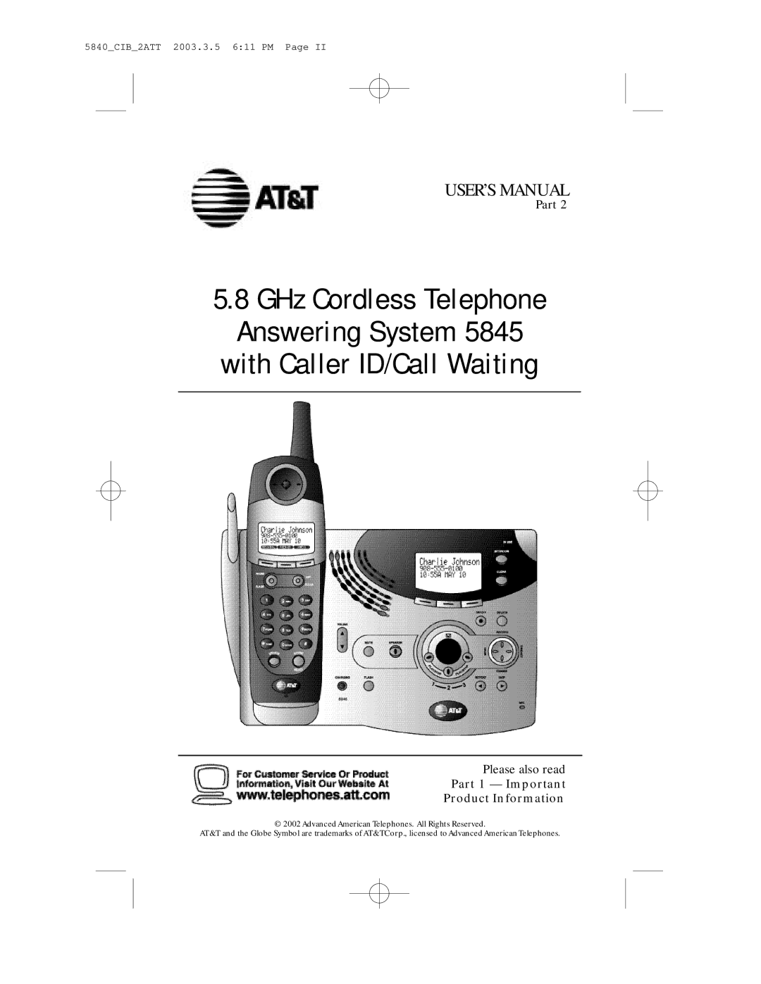 AT&T 5845 user manual With Caller ID/Call Waiting, Part 1 Important Product Information 