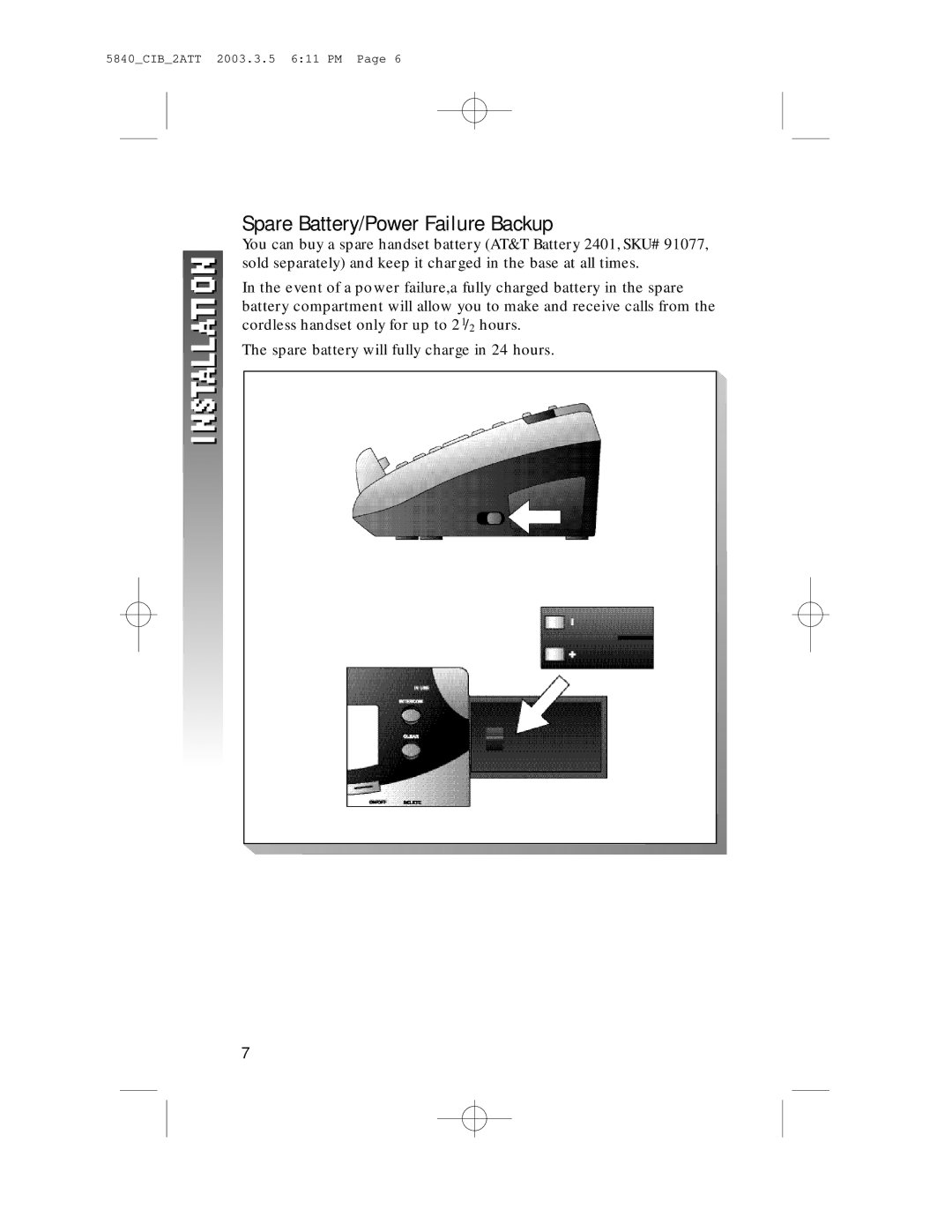 AT&T 5845 user manual Spare Battery/Power Failure Backup 