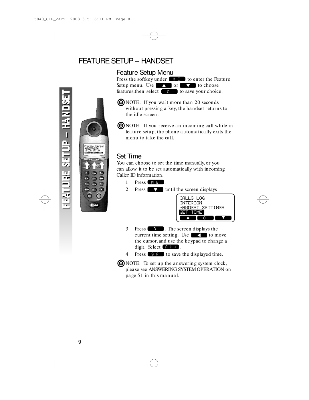 AT&T 5845 user manual Feature Setup Handset, Feature Setup Menu, Set Time 