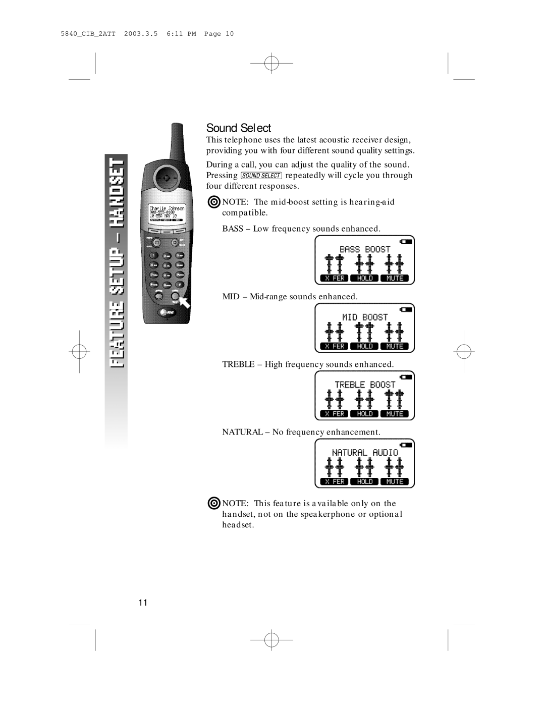 AT&T 5845 user manual Sound Select, ¥NOTE The mid-boost setting is hearing-aid compatible 