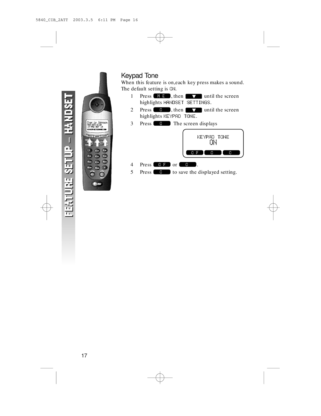 AT&T 5845 user manual Keypad Tone 