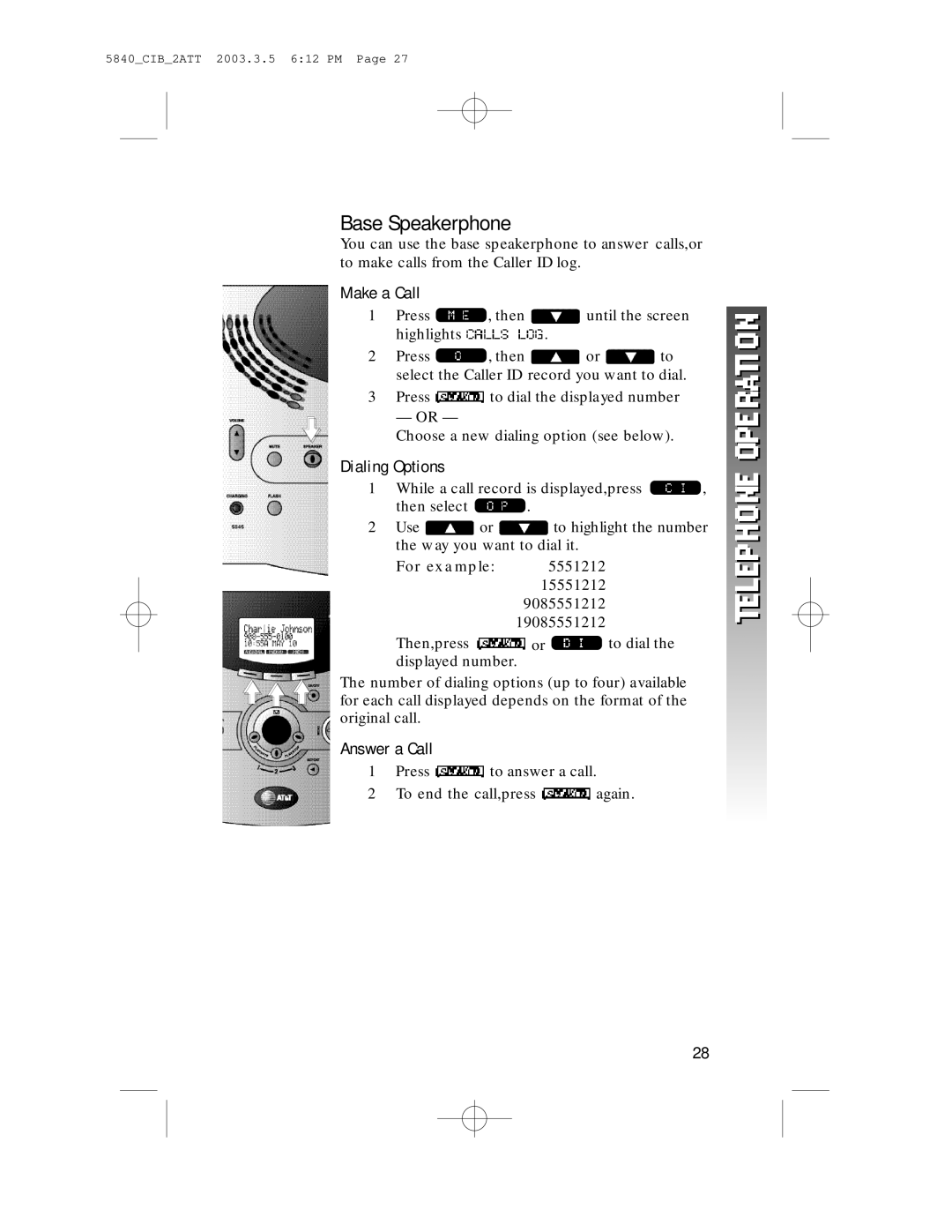 AT&T 5845 user manual Base Speakerphone, Dialing Options 